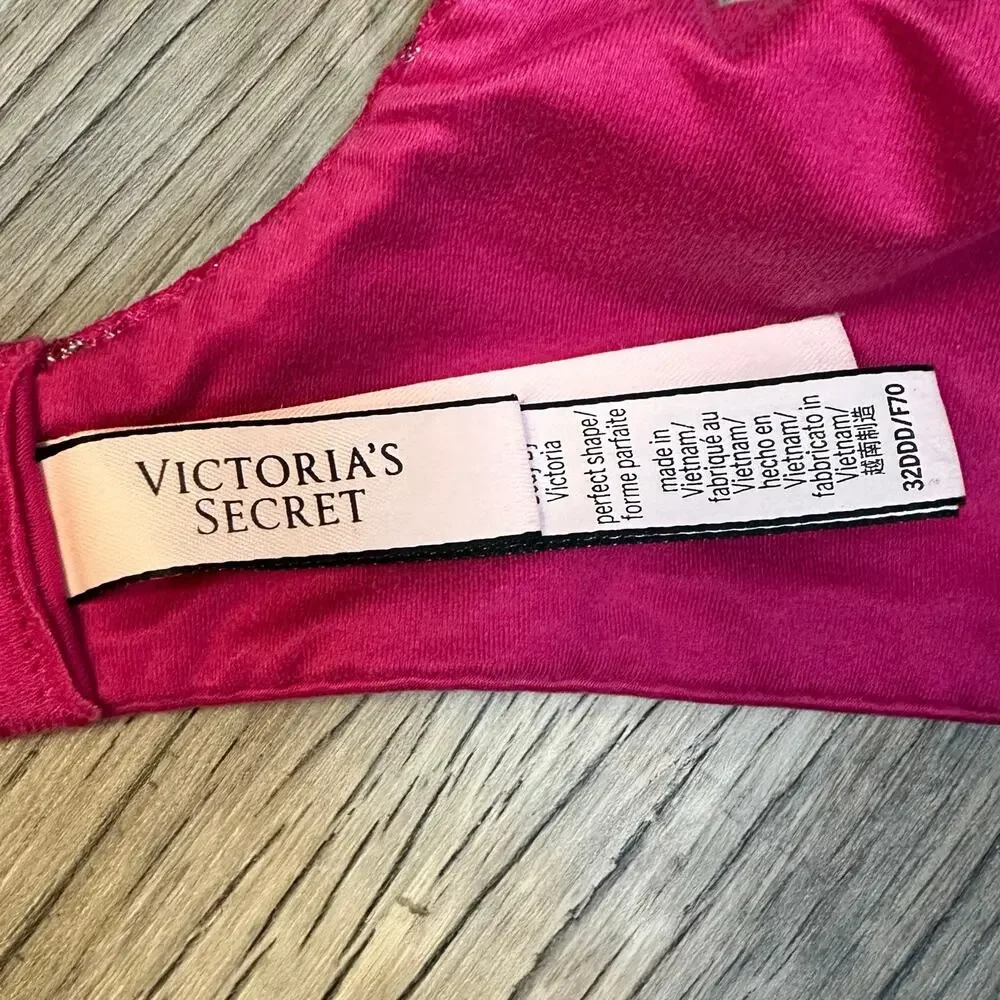 Victoria's Secret‎ Hot Pink & Gold Shine Push-Up Perfect Shape Bra Sz 32DDD Lace